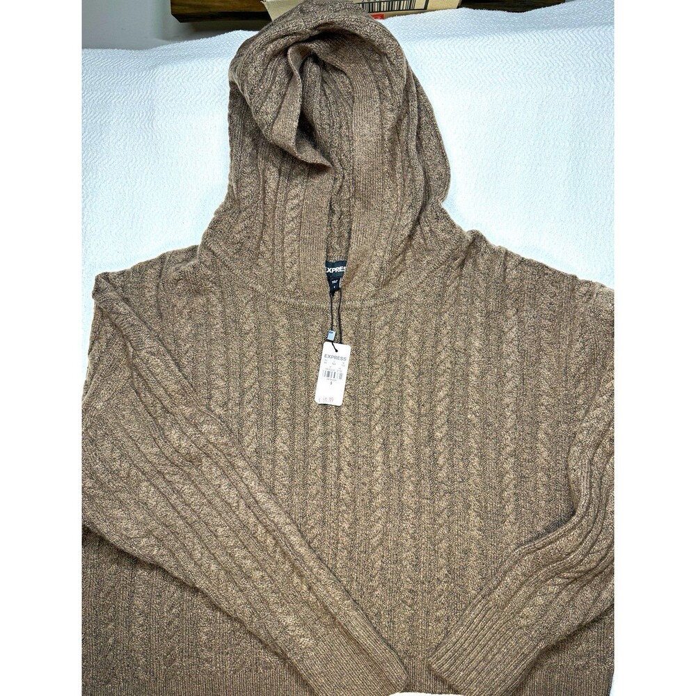 Express Womens S Brown Knit Hooded Pullover Hoodie Sweater Solid Long Sleeve New